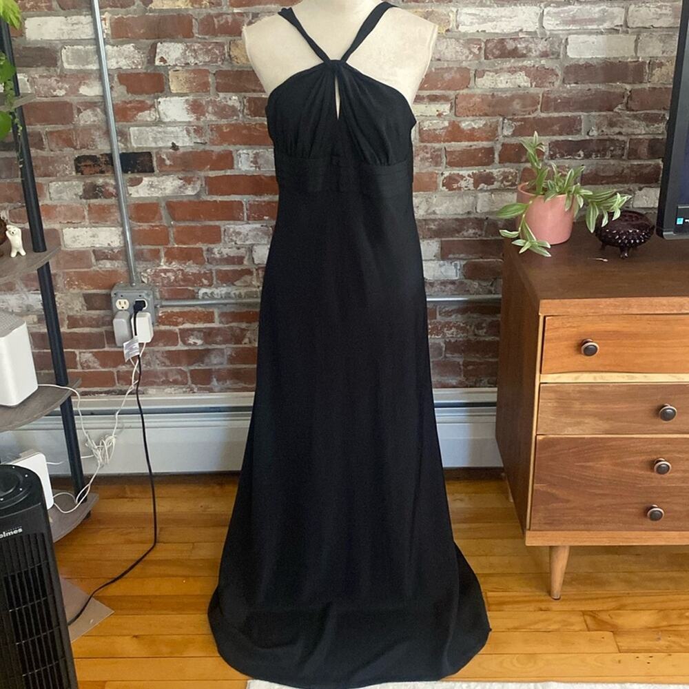 Ann Taylor Black Formal Holiday Open Front V Strap Maxi Dress Size 12